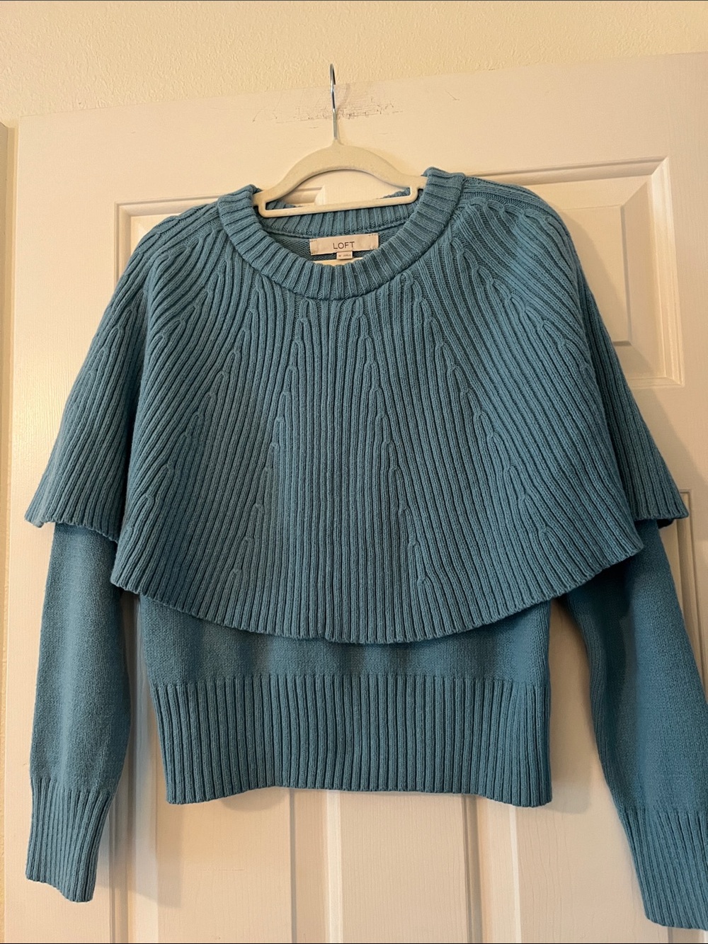LOFT Teal Layered Cable-Knit Poncho Sweater